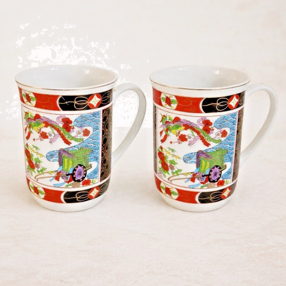 Set of 2 Imari Heritage Mint Japan Porcelain Mugs Floral 4.25"